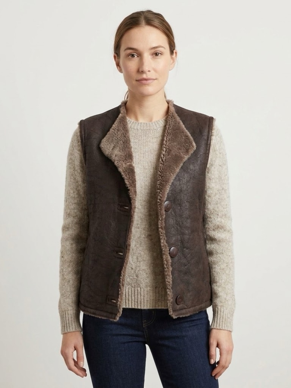 Hide Society Brown Shearling-Trim Button Vest